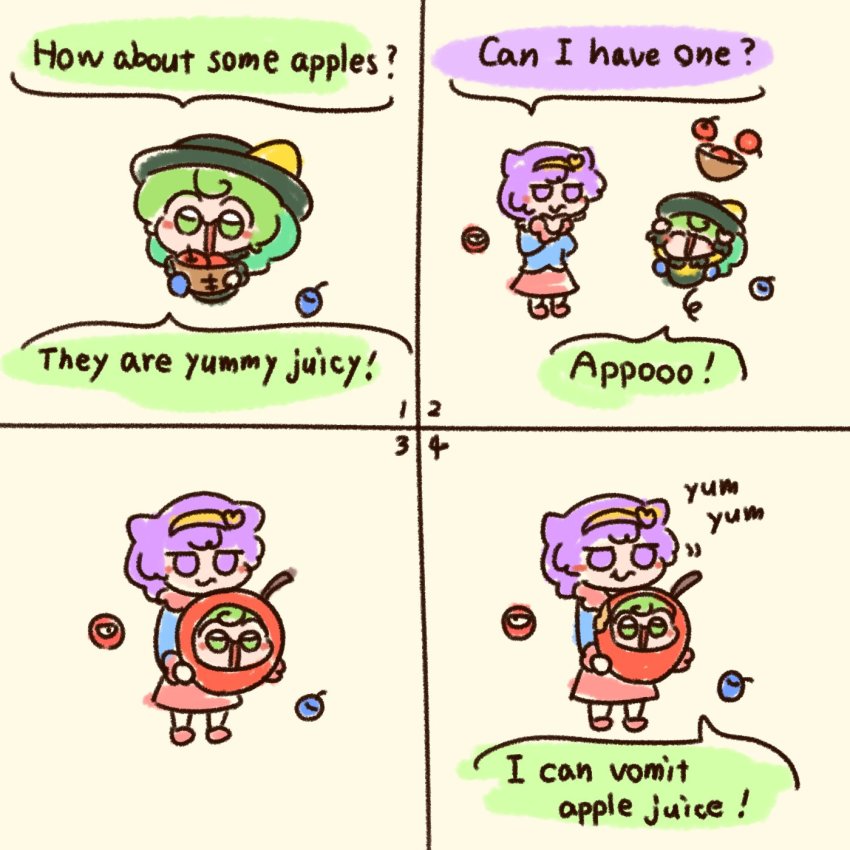 2girls apple basket blue_shirt eating english_text food fruit green_hair hat headband highres komeiji_koishi komeiji_satori multiple_girls numenoko pink_hair pink_skirt shirt siblings sisters size_difference skirt smile tan_tan_pou third_eye touhou