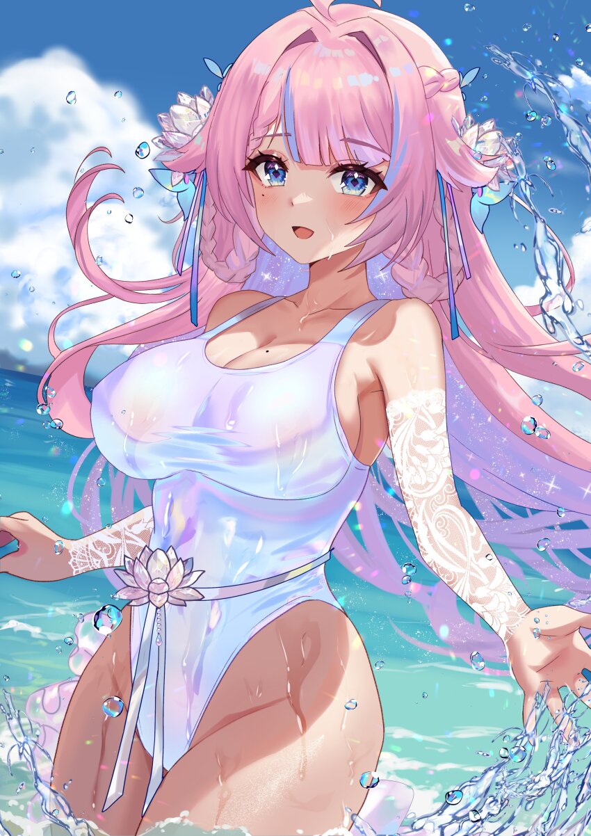 1girl absurdres blue_eyes blush breasts cleavage cloud felielle flower hair_flower hair_intakes hair_ornament highleg highleg_one-piece_swimsuit highres indie_virtual_youtuber large_breasts long_hair metorial ocean one-piece_swimsuit open_mouth pink_hair sky smile solo swimsuit virtual_youtuber water wet white_one-piece_swimsuit