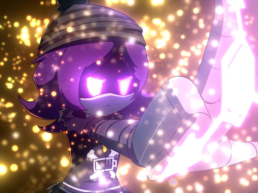 1girl beanie_hat choker glitch_productions hat highres hood hoodie murder_drones purple_eyes purple_hair robot striped_legwear uzi_(murder_drones)