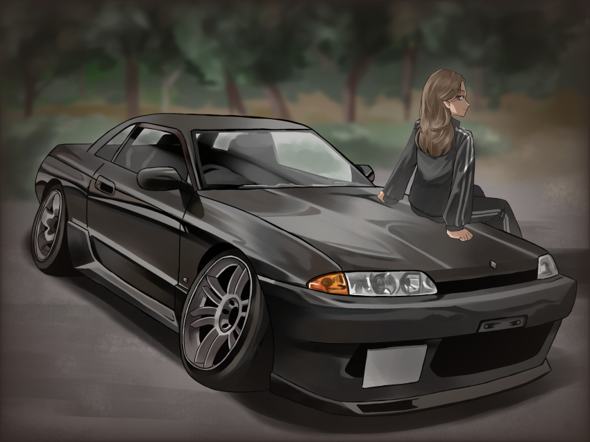 1girl black_jacket black_pants blurry blurry_background brown_eyes brown_hair car highres jacket long_hair motor_vehicle nissan nissan_skyline nissan_skyline_r32 on_car original pants shadow sitting solo sora_no_sen sports_car stance_(vehicle) track_jacket track_pants track_suit vehicle_focus