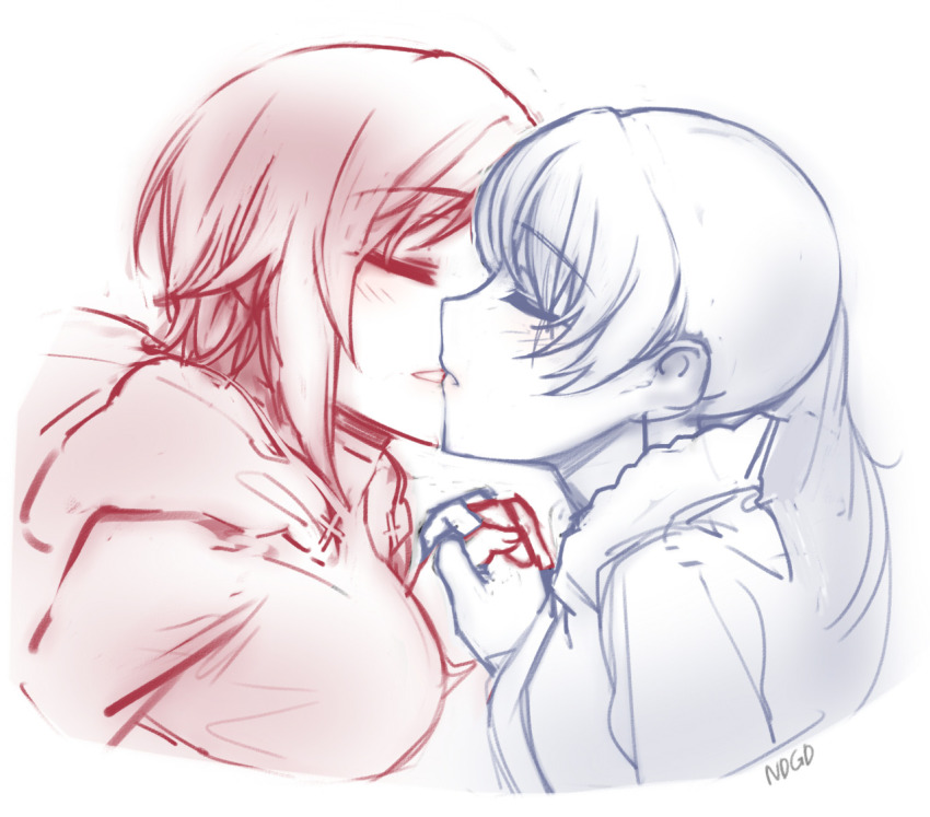 2girls cloak closed_eyes female_focus gradient_background holding_hands hood hooded_cloak kiss monochrome multiple_girls multiple_monochrome ndgd ruby_rose rwby scar scar_on_face weiss_schnee yuri