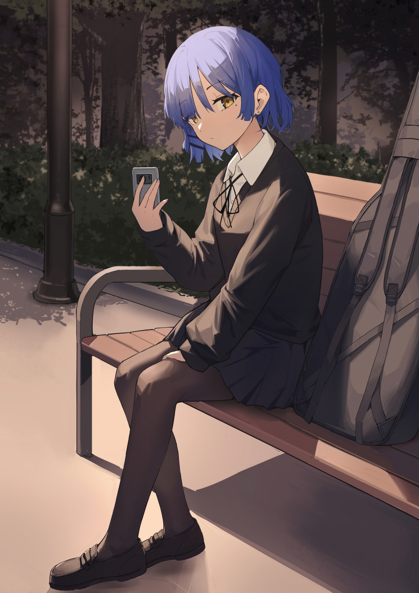 1girl absurdres bench black_jacket black_ribbon black_shoes black_skirt blue_hair bocchi_the_rock! bush case closed_mouth collared_shirt full_body highres jacket lamppost loafers long_sleeves mole mole_under_eye neck_ribbon night on_bench outdoors pantyhose park_bench pleated_skirt ribbon road school_uniform shirt shoes short_hair sitting skirt solo tree white_shirt yamada_ryo yellow_eyes yuku~