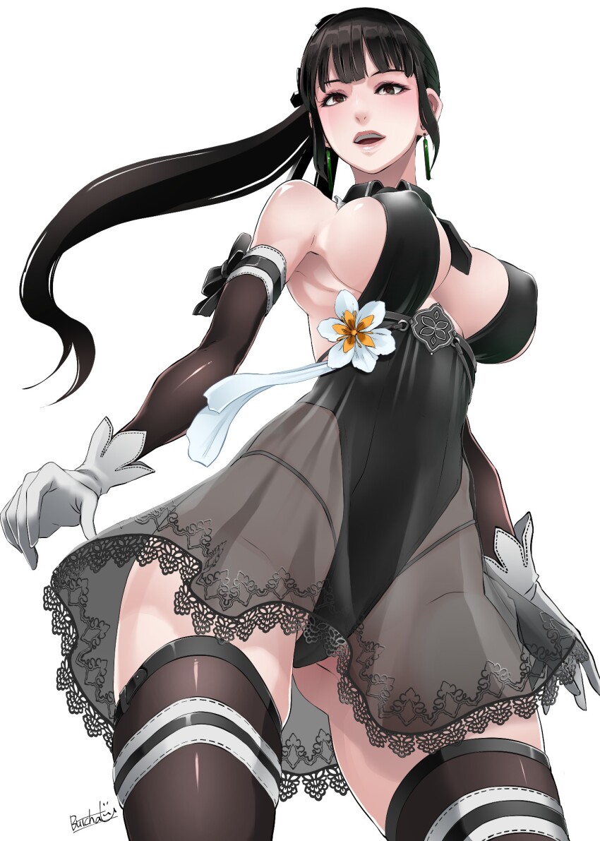 1girl black_hair breasts butcha-u covered_erect_nipples detached_collar elbow_gloves eve_(stellar_blade) gloves gluteal_fold highres lace lace-trimmed_skirt lace_trim large_breasts leotard leotard_under_clothes necktie official_alternate_costume open_mouth panty_straps ponytail simple_background skirt solo stellar_blade thighhighs white_gloves yorha_unofficial_ceremonial_attire