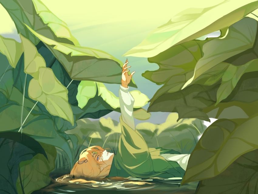 1boy arm_up blonde_hair blue_eyes closed_mouth elf gem glorfindel hand_up leaf looking_at_viewer lying male_focus on_back outdoors pointy_ears solo sulime the_silmarillion tolkien&#039;s_legendarium water