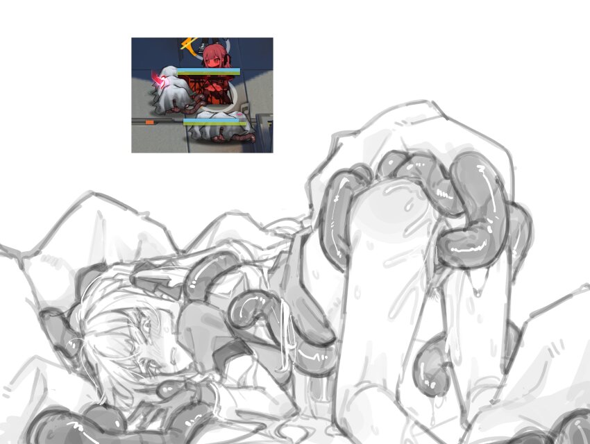 1girl arknights ass ass_blush bang_dream! bang_dream!_it&#039;s_mygo!!!!! blush bottomless breasts chibi clenched_teeth drooling feet_out_of_frame from_behind game_screenshot_inset gloves greyscale hair_ribbon highres inset long_hair medium_breasts monochrome monster mouth_drool oblivionis_(bang_dream!) pussy pussy_juice rape restrained ribbon saliva sex sidelocks tears teeth tentacle_sex tentacles togawa_sakiko uncensored vaginal yukikuma_(yukikuma_018)