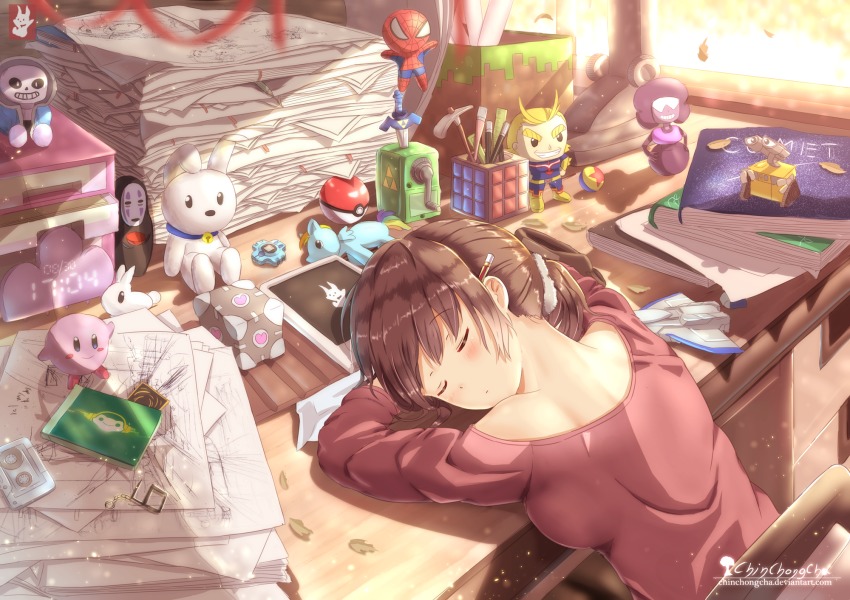 1girl absurdly_detailed_composition aperture_science_weighted_companion_cube bad_id bad_pixiv_id book brown_hair cassette_tape character_doll chinchongcha clock closed_eyes crossover day digimon_(creature) digital_clock doll female_focus highres indoors kaonashi kirby kirby_(series) loaded_interior marvel minecraft multiple_crossover my_little_pony my_little_pony:_friendship_is_magic nintendo object_behind_ear off_shoulder original overwatch overwatch_1 paper_stack poke_ball poke_ball_(basic) pokemon ponytail portal_(series) portal_1 short_hair sitting sleeping solo spider-man spider-man_(series) stuffed_animal stuffed_horse stuffed_toy toy_airplane wall-e wall-e_(character) window