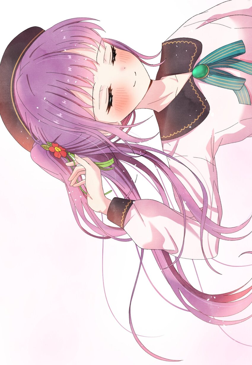 1girl beret black_hat collarbone commentary dream_believers dress floating_hair flower green_ribbon hair_flower hair_ornament hat highres katanashi_(ktnsh_popu) link!_like!_love_live! long_hair long_sleeves love_live! neck_ribbon official_alternate_costume otomune_kozue pink_dress pinstripe_ribbon purple_hair red_flower ribbon side_ponytail sidelocks sideways simple_background solo tassel tassel_hair_ornament upper_body virtual_youtuber white_background