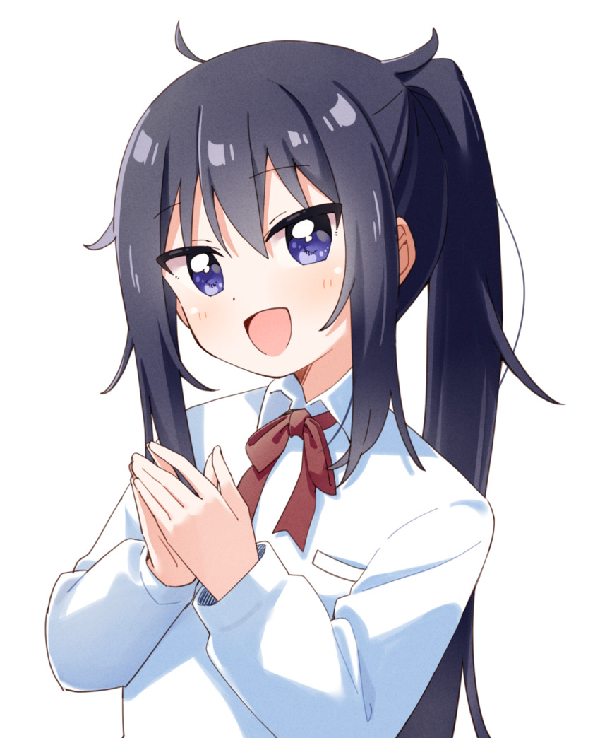 1girl black_hair collared_shirt commentary_request commission haru_(konomi_150) highres himouto!_umaru-chan long_hair looking_at_viewer motoba_kirie neck_ribbon open_mouth own_hands_together pixiv_commission ponytail purple_eyes ribbon shirt smile solo upper_body