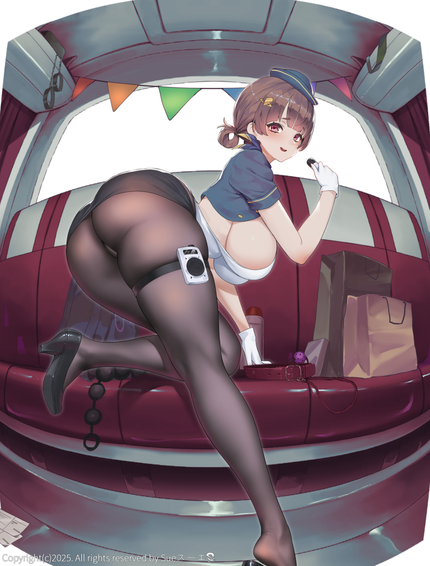 anal_beads ball_gag black_skirt breasts brown_hair bus_attendant collar cuffs gag garland_(decoration) gel gloves hat highres holding holding_microphone microphone mini_hat miniskirt pantyhose red_eyes sex_toy sideboob skirt suerte tour_guide travel_attendant white_gloves