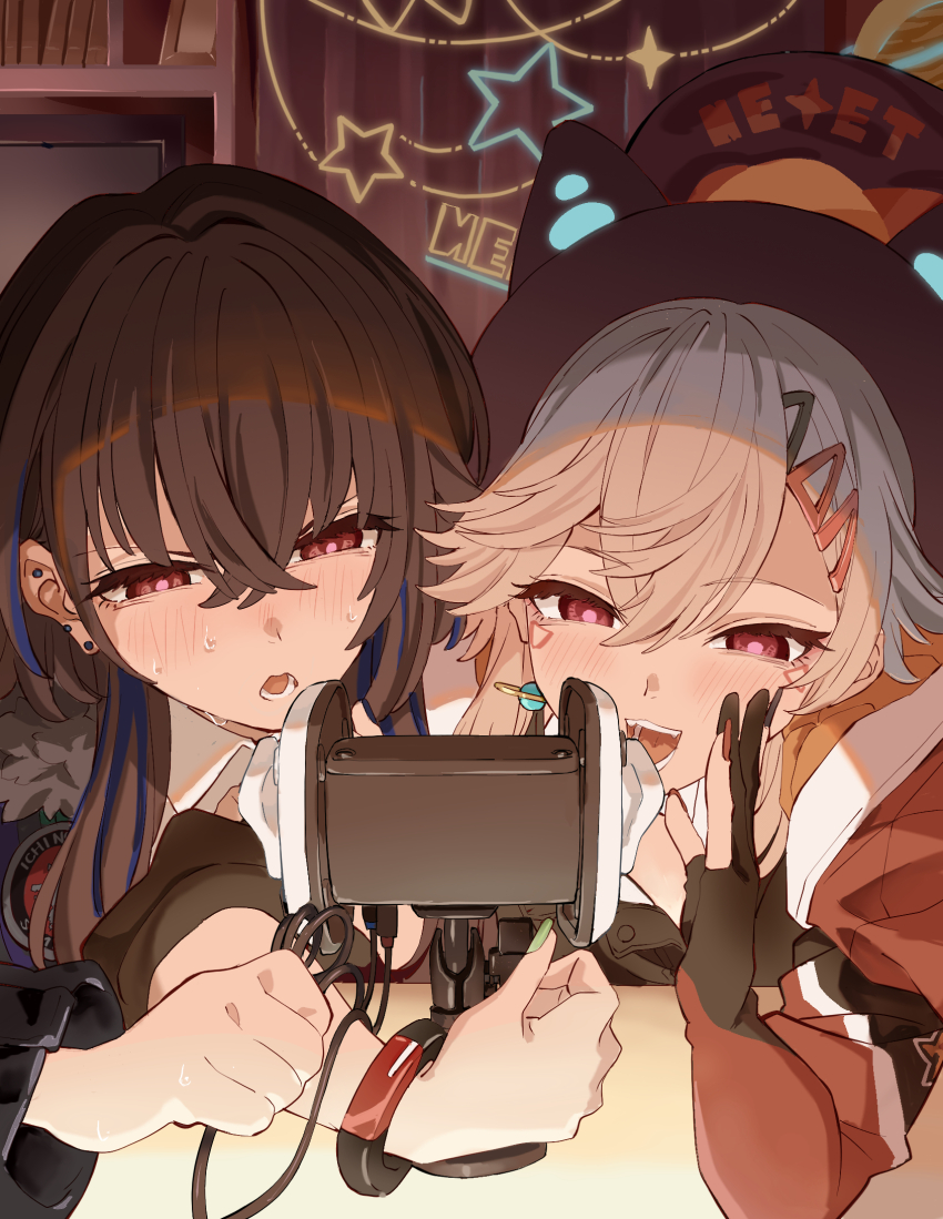 2girls asmr binaural_microphone black_hair blue_hair blush bracelet ear_piercing earrings fur_trim gloves grey_hair hair_between_eyes hair_ornament hairclip hat highres ichinose_uruha ichinose_uruha_(4th_costume) jacket jewelry komori_met komori_met_(5th_costume) microphone multicolored_hair multiple_earrings multiple_girls nail_polish official_alternate_costume partially_fingerless_gloves piercing red_eyes shigeryu_(sigeru071) streaked_hair sweat virtual_youtuber vspo!
