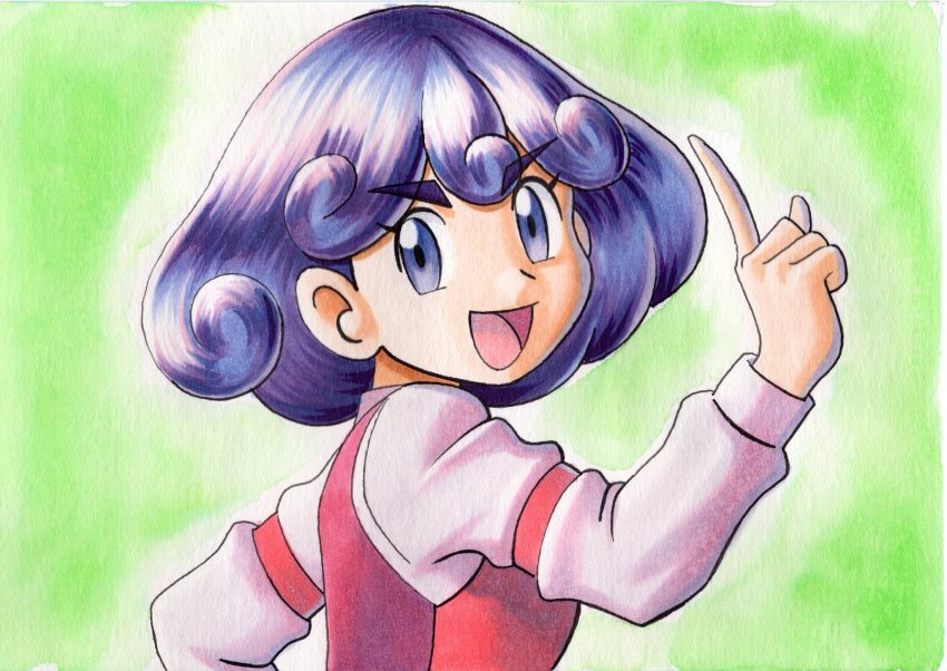 1girl :d burgundy_(pokemon) commentary_request curly_hair eyelashes green_background hand_up highres long_sleeves looking_at_viewer looking_to_the_side nintendo oka_mochi open_mouth pink_shirt pokemon pokemon_(anime) pokemon_bw_(anime) purple_hair shirt short_hair smile solo tongue traditional_media vest