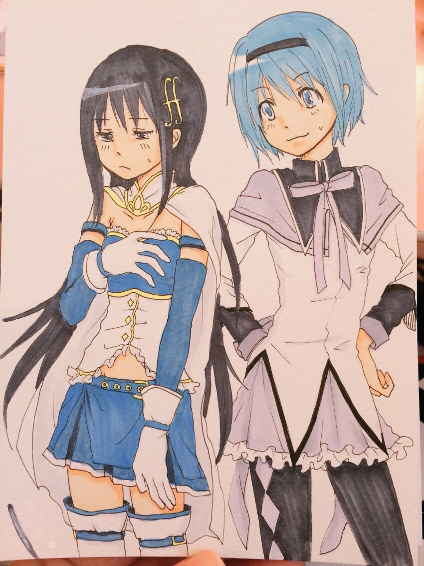 2girls akemi_homura akemi_homura_(magical_girl) argyle_clothes argyle_pantyhose black_hair black_hairband black_pantyhose blue_hair blue_skirt cape cosplay costume_switch detached_sleeves embarrassed fortissimo frilled_skirt frills gloves hair_ornament hairband hands_on_own_hips highres long_hair magical_girl mahou_shoujo_madoka_magica mahou_shoujo_madoka_magica_(anime) miki_sayaka miki_sayaka_(magical_girl) multiple_girls musical_note musical_note_hair_ornament pantyhose short_hair skirt thighhigh_belt thighhighs tk4adq6qvargtly traditional_media white_cape white_gloves white_thighhighs