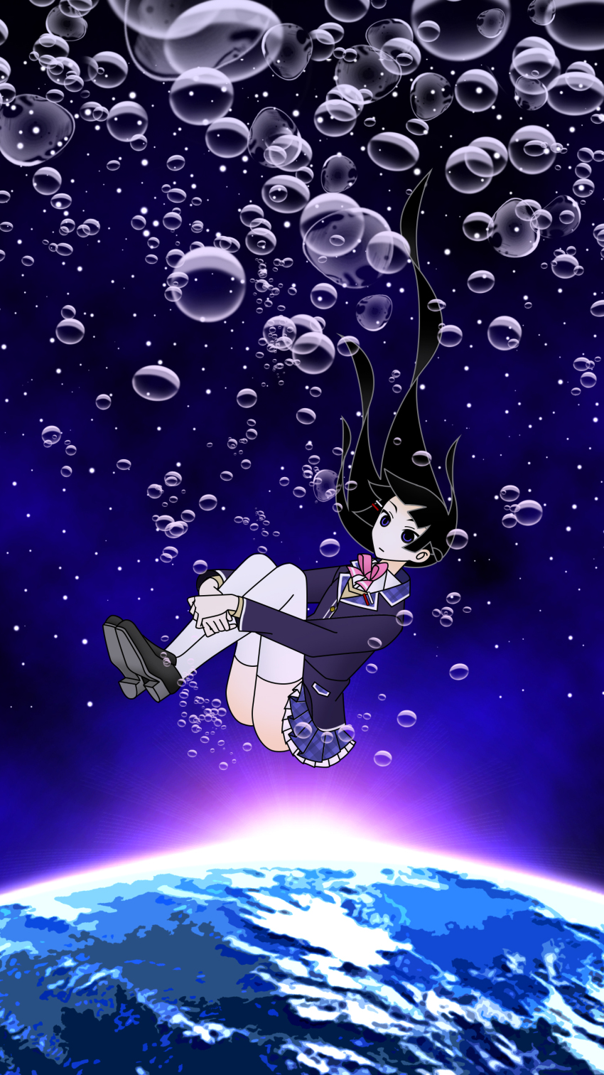 1girl absurdres air_bubble black_eyes black_hair black_jacket black_shoes blazer blue_skirt bow bowtie bubble closed_mouth collared_shirt earth_(planet) expressionless floating_hair full_body hair_floating_upwards hair_ornament hairclip highres hime_cut hinoyama_ena hugging_own_legs jacket knees_up kumeta_kouji_(style) lapels long_hair long_sleeves miniskirt nijisanji no_pupils parody pink_bow pink_bowtie planet pleated_skirt school_uniform shirt shoes sinking skirt sky solo space star_(sky) starry_sky style_parody sun sunrise thighhighs tsukino_mito tsukino_mito_(1st_costume) virtual_youtuber white_thighhighs