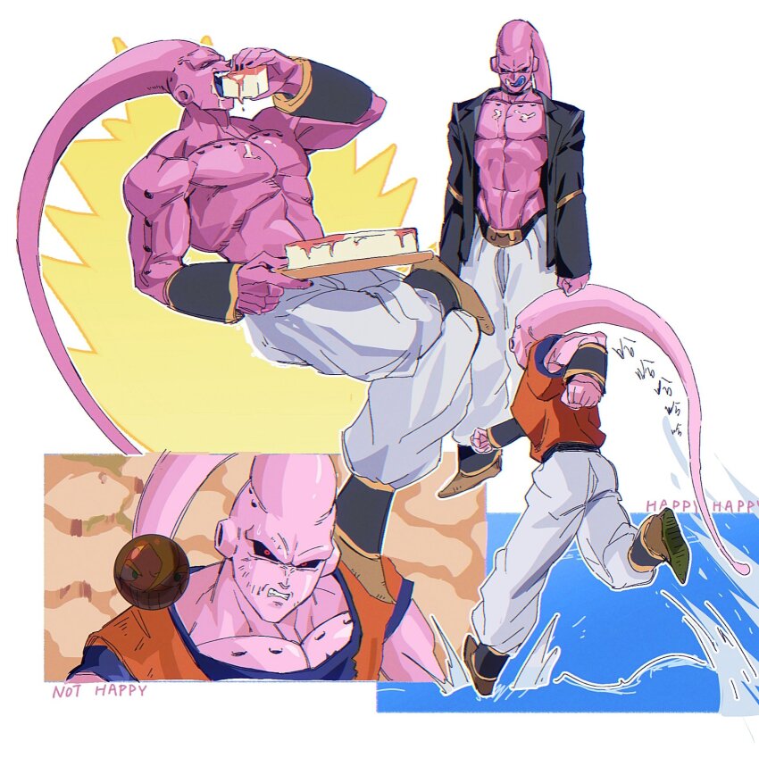 1boy black_jacket black_sclera blue_shirt candy cheesecake chocolate colored_sclera dougi dragon_ball dragonball_z eating food full_body happy_birthday highres jacket majin_buu no_eyebrows no_shirt open_clothes open_jacket orange_shirt pants pipibobof1 red_eyes running shirt simple_background super_buu topless_male upper_body vegetto white_background white_pants