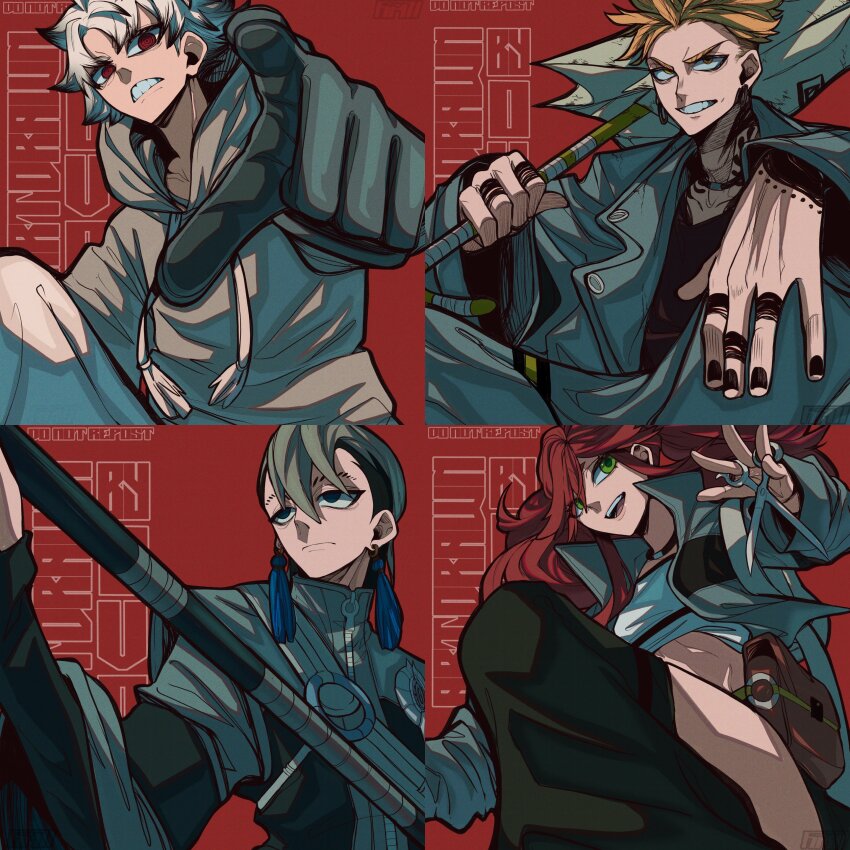 2boys 2girls absurdres arm_tattoo belt_pouch black_nails black_shirt blonde_hair body_markings clenched_teeth clothing_cutout coat colored_tips crop_top earrings engine_(gachiakuta) eyes_visible_through_hair fringe_trim gachiakuta gloves green_eyes grey_coat grey_gloves grey_hair grey_hoodie grey_pants hand_tattoo highres holding holding_staff holding_umbrella hood hoodie hoop_earrings jacket jewelry light_frown medium_hair multicolored_hair multicolored_jacket multiple_boys multiple_girls neck_tattoo nijiku_zanka open_mouth ovotheartist_(kidddovo) pants pointing pointing_at_viewer pouch red_background red_eyes red_hair ringed_eyes riyou_reaper rudo_surebrec shirt short_hair simple_background smile spiked_hair staff tassel tassel_earrings tattoo teeth thigh_cutout thigh_gap trench_coat twintails two-tone_hair two-tone_jacket umbrella undercut white_pants
