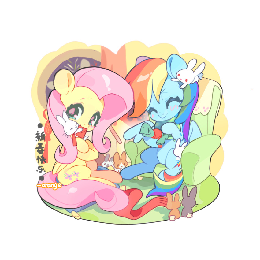 ^_^ absurdres angel_bunny animal animal_focus artist_name blonde_hair blue_hair blush border carpet chair chengzi82020 chinese_commentary chinese_text closed_eyes closed_mouth commentary_request cutie_mark easy_chair fluttershy full_body green_eyes green_hair highres indoors long_hair looking_at_animal multicolored_hair my_little_pony my_little_pony:_friendship_is_magic no_humans on_chair orange_hair pegasus pink_hair purple_hair rabbit rainbow_dash red_hair red_scarf round_window scarf sitting smile streaked_hair tank_(my_little_pony) translation_request turtle unworn_scarf white_border white_rabbit_(animal) window