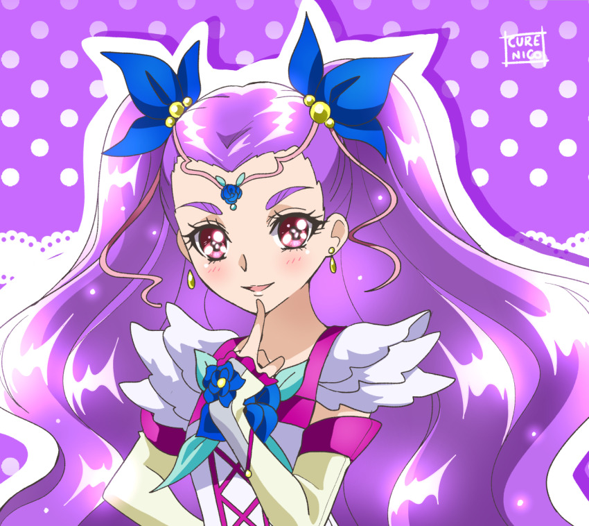 1girl arm_warmers artist_name blush commentary cropped_shirt cure_nico earrings highres jewelry long_hair magical_girl milky_rose mimino_kurumi open_mouth precure purple_hair red_eyes shirt solo upper_body very_long_hair white_shirt yes!_precure_5 yes!_precure_5_gogo!