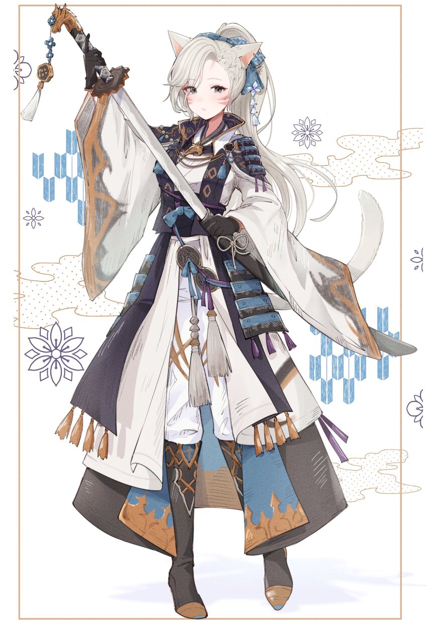 1girl absurdres animal_ear_fluff animal_ears black_boots black_gloves boots breasts brown_eyes cat_ears cat_tail coat facial_mark final_fantasy final_fantasy_xiv gloves grey_hair highres holding holding_sword holding_weapon japanese_clothes long_hair long_sleeves looking_at_viewer mokokoiro pants shirt solo sword tail warrior_of_light_(ff14) weapon white_pants white_shirt wide_sleeves