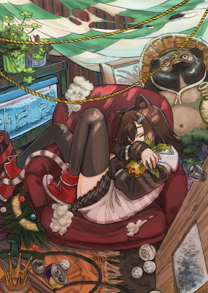 1girl absurdres animal_ear_fluff animal_ears antfarm armchair ball black_skirt black_thighhighs brown_hair cat_ears cat_girl cat_tail chair closed_eyes crown fish_hair_ornament fumino_tamaki fumino_tamaki_(1st_costume) hair_ornament hairclip highres hood hood_down hoodie hug indoors koze_niire miniskirt nijisanji pleated_skirt rope rug shoes short_hair sitting_sideways skirt sleeping sneakers solo tail tennis_ball thighhighs twitter_username virtual_youtuber