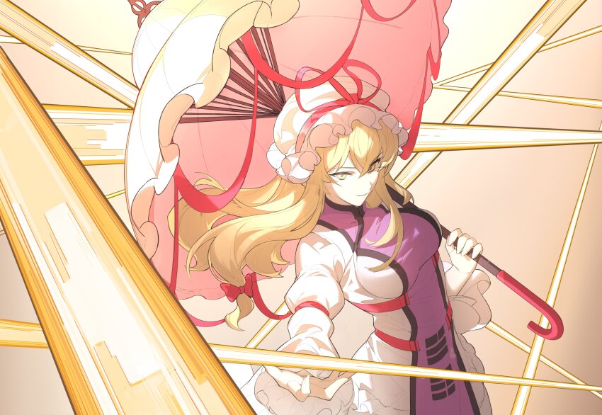 1girl absurdres blonde_hair bow devilkillerx dress gap_(touhou) hair_bow hat hat_ribbon highres mob_cap parasol purple_dress purple_tabard ribbon solo tabard touhou touhou_lost_branch_of_legend umbrella upper_body yakumo_yukari