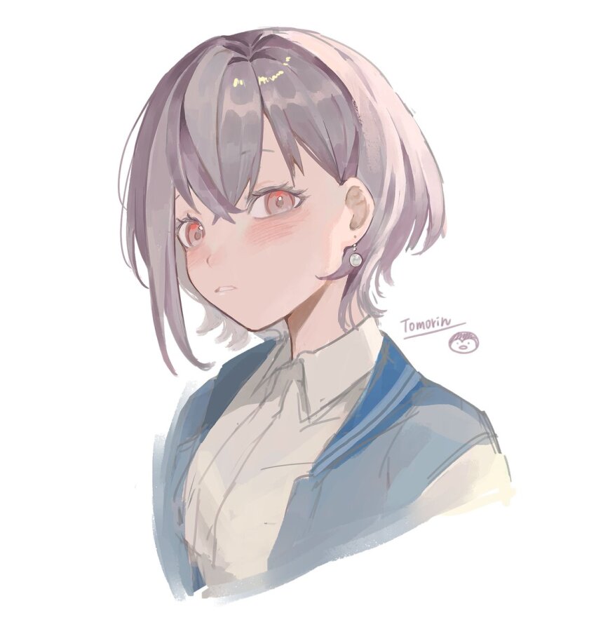 1girl bang_dream! bang_dream!_it&#039;s_mygo!!!!! blue_jacket character_name collared_shirt commentary earrings grey_hair hashtag-only_commentary highres jacket jewelry kkkawa_rin parted_lips pink_eyes shirt short_hair simple_background solo takamatsu_tomori upper_body white_background white_shirt