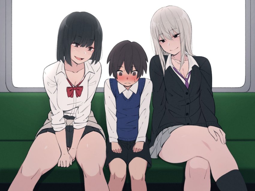 1boy 2girls age_difference ara_ara_on_a_train_(meme) black_hair blush breasts brown_hair child cleavage clothes_around_waist commentary crossed_legs girl_sandwich kemuri_haku long_hair looking_at_another looking_down medium_breasts meme multiple_girls onee-shota open_mouth original sandwiched school_uniform seductive_smile short_hair shorts shy silver_hair sitting smile sweater sweater_around_waist thighs train_interior you_gonna_get_raped