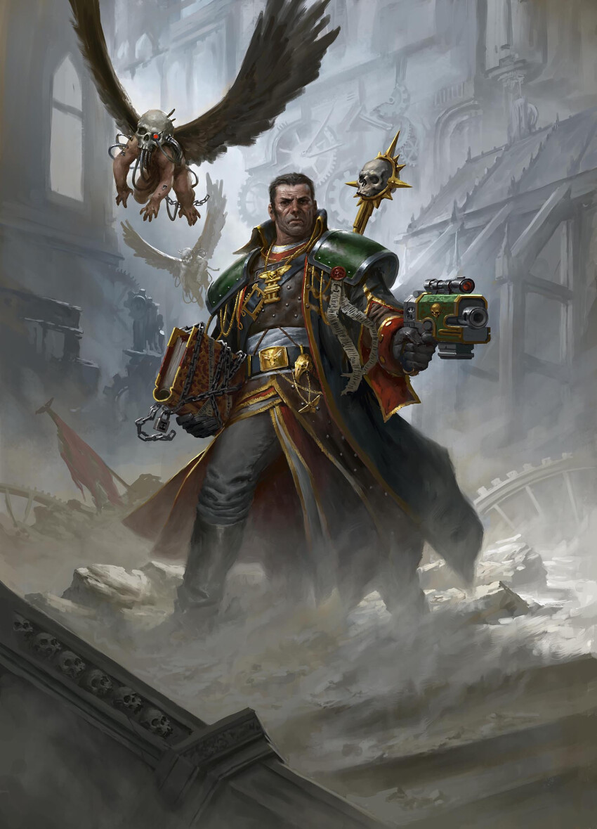 1boy 2others animal_skull arch architecture armor belt_buckle bird_skull black_boots black_coat black_eyes black_gloves black_hair book boots buckle building buttoned_cuffs buttons cable chain cherub_(warhammer) clock clock_hands clock_tower clockwork closed_mouth coat column commentary cover cover_page cyborg dust english_commentary european_architecture facial_hair gears gloves gold_buckle gold_buttons gold_chain gold_trim gothic_architecture gregor_eisenhorn grey_pants high_collar highres holding holding_bolter holding_book imperial_aquila inquisition_(warhammer) johan_grenier knee_boots laser_sight layered_clothes leather leather_armor leather_gloves lock looking_at_viewer male_focus military_uniform multiple_others official_art pants pauldrons pillar purity_seal red_flag red_sleeve_cuffs ruins serious servo-skull short_hair shoulder_armor skull_ornament sleeve_cuffs spire strap stubble thigh_boots torn_flag tower warhammer_40k window wings