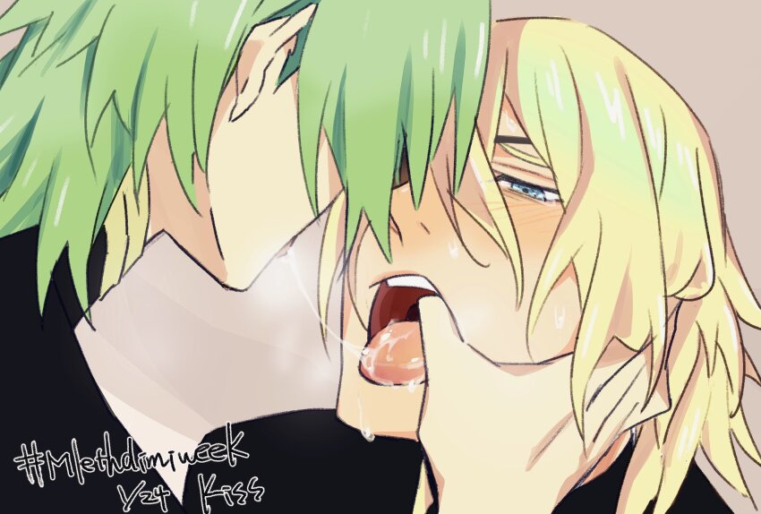 2boys after_kiss black_shirt blonde_hair blue_eyes blush male_byleth_(awakened)_(fire_emblem) male_byleth_(fire_emblem) commentary couple dimitri_alexandre_blaiddyd eyepatch fire_emblem fire_emblem:_three_houses french_kiss green_hair hair_between_eyes half-closed_eyes hand_on_another&#039;s_head hand_up heavy_breathing highres kiss looking_at_another male_focus medium_hair multiple_boys nintendo one_eye_covered open_mouth saliva saliva_trail shirt short_hair simple_background sweat tearing_up teeth thumb_in_mouth tongue tongue_out upper_body upper_teeth_only wa_fe yaoi