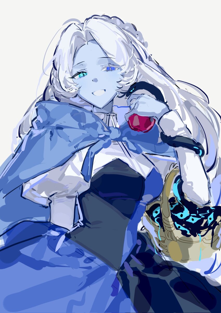 1boy aqua_eyes basket blue_eyes blue_flower braid chinese_commentary cloak commentary_request cookie_run cookie_run:_kingdom crossdressing f4d1a6 flower flower_basket heterochromia highres holding holding_basket hood hooded_cloak long_hair looking_at_viewer male_focus shadow_milk_cookie smile solo translation_request trap white_background white_hair