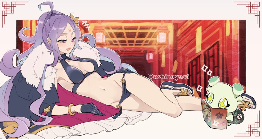 1girl ahoge bare_shoulders bikini black_bikini black_cape black_gloves book bracelet breasts cape cleavage collarbone facial_mark fate/grand_order fate_(series) flower forehead forehead_mark fur-trimmed_cape fur_trim gloves hair_flower hair_ornament half_gloves jewelry con_(fate) long_hair medium_breasts navel open_mouth parted_bangs ponytail purple_eyes purple_hair sandals sidelocks smile sparkling_eyes swimsuit ushinoyavi very_long_hair wu_zetian_(fate) wu_zetian_(swimsuit_caster)_(fate) wu_zetian_(swimsuit_caster)_(third_ascension)_(fate)