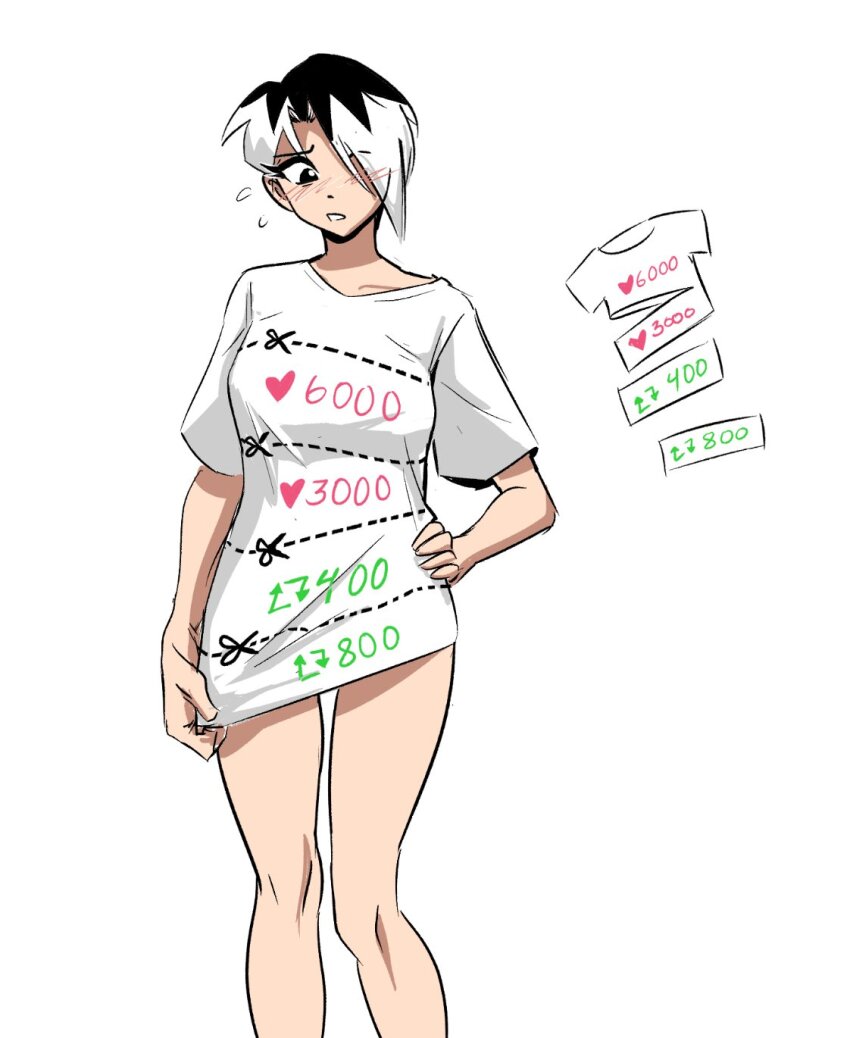 1girl bare_legs black_eyes black_hair blush breasts commentary cut-here_line dotted_line flying_sweatdrops hair_over_one_eye hand_on_own_hip highres like_and_retweet medium_breasts multicolored_hair no_pants one_eye_covered original parted_lips quiver_(spicymancer) shirt short_sleeves simple_background solo spicymancer standing symbol-only_commentary t-shirt twitter_cutting_game twitter_strip_game two-tone_hair white_background white_hair white_shirt