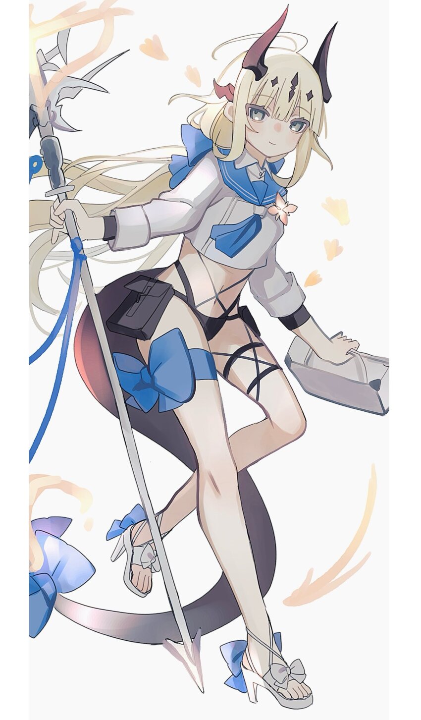 1girl arknights ascot bikini black_bikini blonde_hair blue_ascot blue_sailor_collar bow closed_mouth commentary crop_top cropped_shirt footwear_bow full_body grey_background grey_bow grey_eyes grey_sandals grey_shirt highres holding horns light_smile long_hair long_sleeves looking_at_viewer micang_pu navel official_alternate_costume pouch reed_(arknights) reed_the_flame_shadow_(arknights) reed_the_flame_shadow_(summer_flower)_(arknights) sailor_collar sandals shirt simple_background solo standing standing_on_one_leg swimsuit symbol-only_commentary tail
