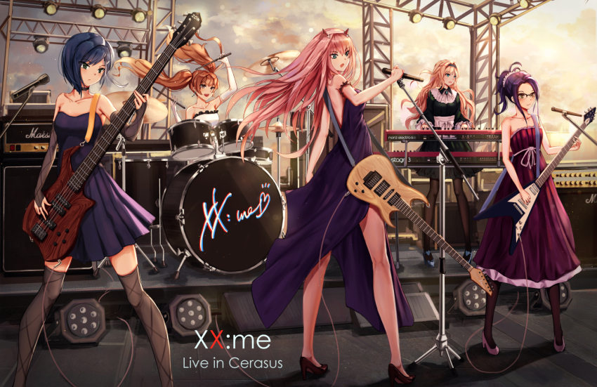 5girls arm_up band_(music) bare_shoulders black_footwear black_pantyhose black_thighhighs blonde_hair blue_eyes blue_footwear blue_hair breasts brown_hair choker closed_mouth collarbone darling_in_the_franxx detached_sleeves dress elbow_gloves glasses gloves green_dress green_eyes guitar hand_up high_heels horns ichigo_(darling_in_the_franxx) ikuno_(darling_in_the_franxx) instrument keyboard_(instrument) kneepits kokoro_(darling_in_the_franxx) long_hair medium_breasts microphone miku_(darling_in_the_franxx) multiple_girls music open_mouth outdoors pantyhose pink_hair playing_instrument purple_dress purple_footwear purple_hair semi-rimless_eyewear short_hair short_twintails singing smile stage thighhighs twintails white_dress yuzuriha_(atelier_liang) zero_two_(darling_in_the_franxx)
