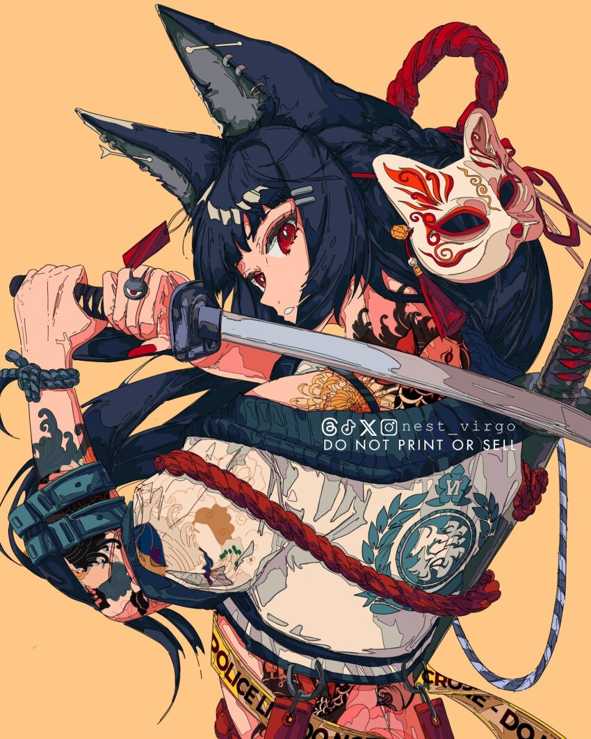 1girl alternate_costume animal_ear_fluff animal_ears artist_name black_hair blunt_bangs fingernails fox_ears fox_girl from_behind hair_ornament hairclip highres holding holding_sword holding_weapon hoshimi_miyabi katana long_hair looking_back multiple_swords nail_polish nest_virgo orange_background over_shoulder parted_lips red_eyes red_nails sharp_teeth sidelocks simple_background solo sword sword_on_back sword_over_shoulder teeth two-handed upper_body weapon weapon_on_back weapon_over_shoulder zenless_zone_zero