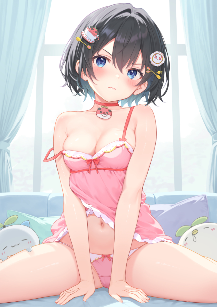 1girl babydoll black_hair blush bow bow_panties breasts choker cleavage closed_mouth curtains hair_ornament head_tilt highres indoors looking_at_viewer medium_breasts navel original panties pillow pink_babydoll pink_panties rebun red_bow red_choker short_hair sitting spaghetti_strap spread_legs strap_slip stuffed_toy underwear window x_hair_ornament