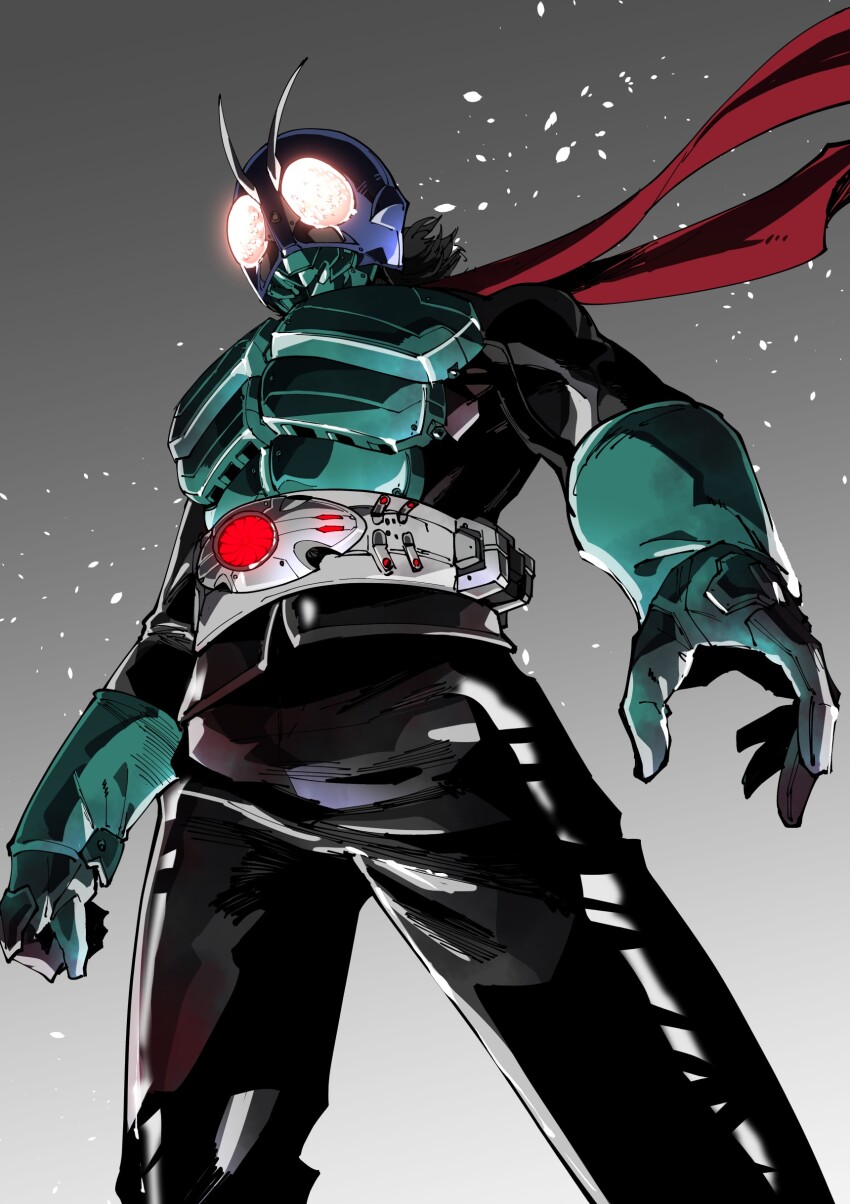 1boy absurdres amakawa_mayu antennae armor belt black_hair bug compound_eyes cowboy_shot from_below gloves glowing glowing_eyes gradient_background grasshopper green_armor green_gloves green_helmet grey_background helmet highres insect kamen_rider kamen_rider_1 kamen_rider_1_(shin) male_focus red_scarf rider_belt scarf shin_kamen_rider short_hair solo tokusatsu white_background yellow_eyes