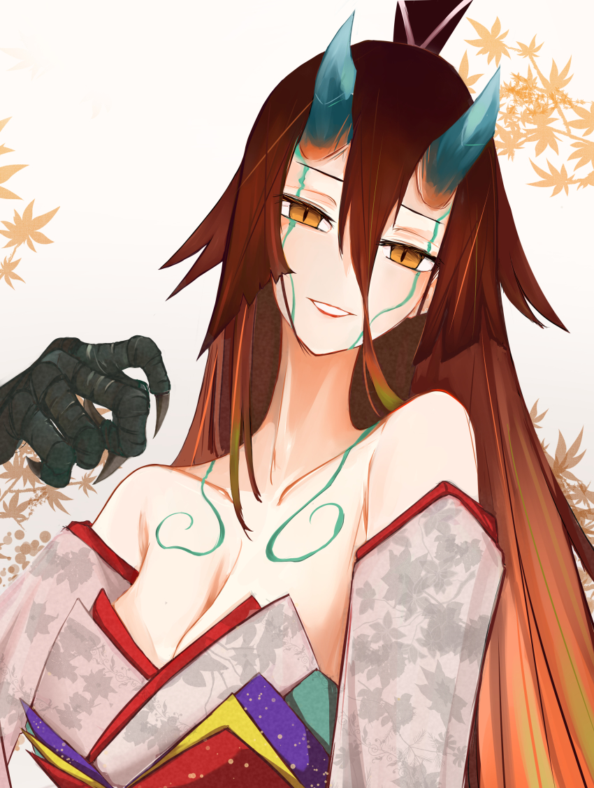 1girl absurdres bare_shoulders breasts brown_hair claws cleavage collarbone detached_sleeves fate/grand_order fate/requiem fate_(series) gradient_hair grin hair_between_eyes highres horns japanese_clothes kijo_kouyou_(fate) kijo_kouyou_(third_ascension)_(fate) kimono large_breasts leaf long_hair looking_at_viewer maple_leaf multicolored_hair numajiyo orange_hair ponytail sash sleeveless sleeveless_kimono slit_pupils smile solo very_long_hair white_background white_kimono wide_sleeves yellow_eyes