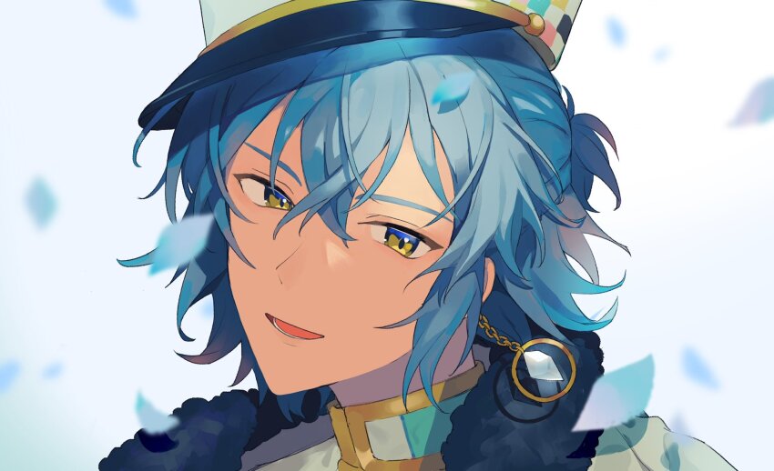 1boy blue_hair coat earrings fur-trimmed_coat fur_trim half_updo highres jewelry light_blue_hair mahoutsukai_no_yakusoku male_focus nero_turner open_mouth piza-chan ponytail shirt short_hair short_ponytail smile solo white_background white_coat white_headwear white_shirt yellow_eyes