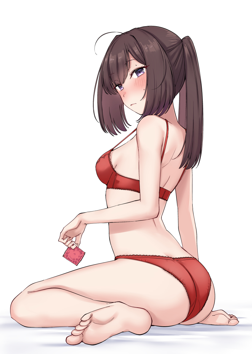 1girl absurdres akizuki_(kancolle) ass barefoot black_hair blush bra breasts condom condom_wrapper highres holding holding_condom kantai_collection kiritto long_hair medium_breasts panties ponytail purple_eyes red_bra red_panties sitting solo underwear underwear_only wariza wedgie