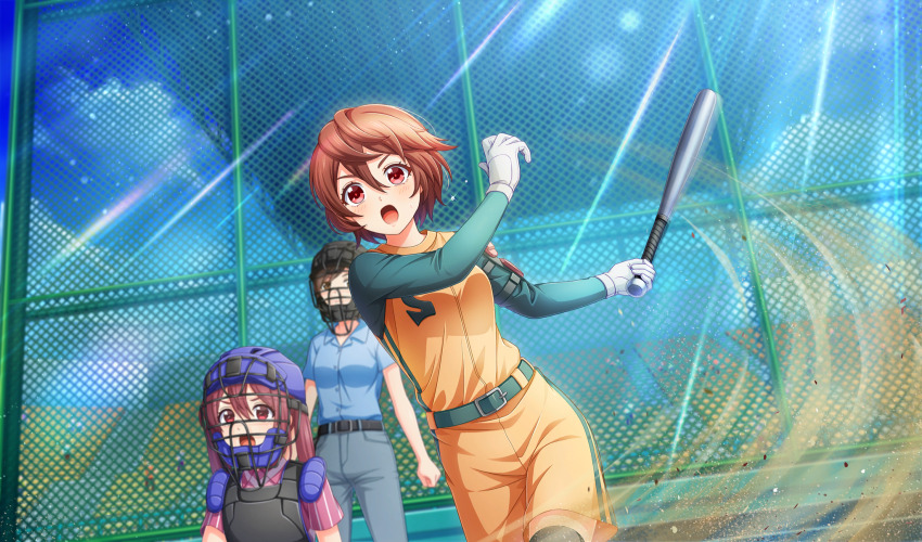 3girls baseball baseball_bat baseball_stadium baseball_uniform belt belt_buckle black_thighhighs blue_shirt blurry brown_hair buckle catcher&#039;s_mask catcher_(baseball) chain-link_fence chest_protector cinderella_series depth_of_field dust_cloud dutch_angle fence film_grain game_cg green_belt green_undershirt grey_pants hachigatsu_no_cinderella_nine hair_between_eyes highres holding holding_baseball_bat light_particles light_rays long_hair long_sleeves looking_ahead metal_baseball_bat motion_lines multiple_girls non-web_source official_art open_mouth orange_shirt orange_shorts outdoors pants playing_sports purple_hair red_eyes serizawa_musubi shirt shirt_under_shirt short_hair shorts sleeveless sleeveless_shirt solo_focus speed_lines sportswear standing sunbeam sunlight sweat thighhighs umpire