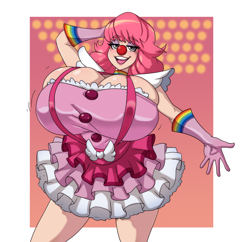 1girl ace_attorney arm_up blush breasts capcom choker cleavage clown_girl clown_nose female_focus frilled_skirt frills geiru_toneido gigantic_breasts gloves highres looking_at_viewer medium_hair pauldrons phoenix_wright:_ace_attorney_-_spirit_of_justice pink_hair rainbow shoulder_armor skindentation skirt solo spiraling_staircase suspenders