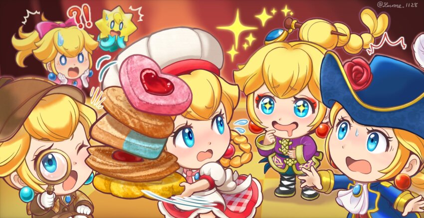 !? 5girls artist_name ascot blonde_hair blue_eyes blue_headwear blue_jacket bow braid braided_ponytail brooch brown_headwear brown_jacket chef_hat chibi cookie deerstalker detective_peach dress earrings flower food gloves hair_bow hat hat_flower highres holding holding_food holding_magnifying_glass jacket jewelry kung_fu_peach magnifying_glass mario_(series) multiple_girls multiple_persona nintendo official_alternate_costume official_alternate_hairstyle one_eye_closed open_mouth patissiere_peach pink_bow pink_dress princess_peach princess_peach:_showtime! purple_jacket red_flower red_rose rose sparkling_eyes sphere_earrings stella_(peach) suruga_kanade swordfighter_peach white_ascot white_gloves white_headwear