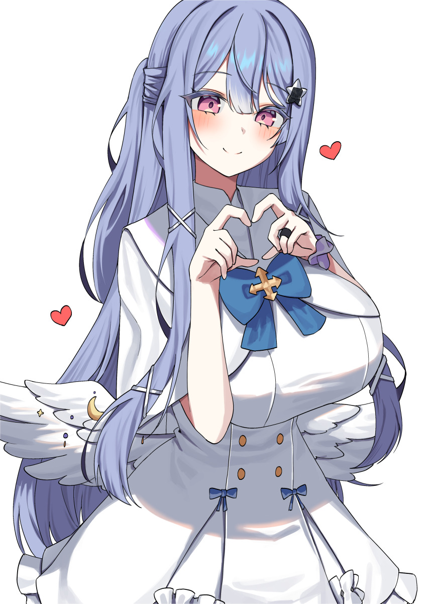 four-finger_heart_hands absurdres alternate_costume blue_archive blush breasts capelet commentary cosplay counter:side dress feathered_wings grey_hair heart heart_hands highres huge_breasts jinggun korean_commentary long_hair looking_at_viewer mika_(blue_archive) mika_(blue_archive)_(cosplay) pink_eyes simple_background smile swan_claire very_long_hair white_background white_capelet white_dress white_wings wings