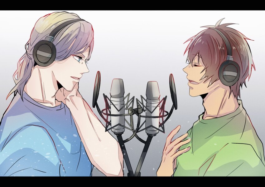 2boys aijima_cecil black_border blue_eyes blue_shirt border brown_hair camus_(uta_no_prince-sama) collarbone dark-skinned_male dark_skin from_side green_shirt grey_background grey_hair hair_between_eyes hand_on_headphones hand_on_own_chest hand_up headphones highres letterboxed looking_at_another low_ponytail male_focus medium_hair microphone multiple_boys music parted_lips ponytail pop_filter profile shirt short_hair short_sleeves singing smile studio_microphone t-shirt upper_body uta_no_prince-sama vibrahat