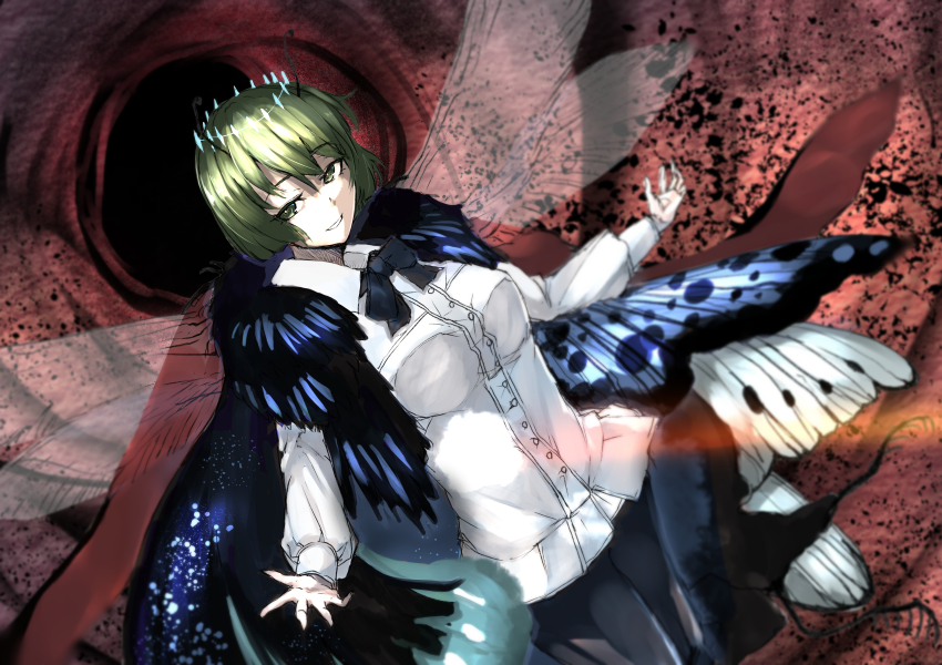 1girl absurdres alternate_costume amatou3 antennae black_bow black_bowtie black_cape black_pants bow bowtie breasts butterfly_wings cape collared_shirt commentary_request cowboy_shot crossover dutch_angle fate_(series) green_eyes green_hair grin highres huge_filesize insect_wings looking_at_viewer medium_breasts oberon_(third_ascension)_(fate) pants shirt short_hair smile solo spoilers touhou white_shirt wings wriggle_nightbug