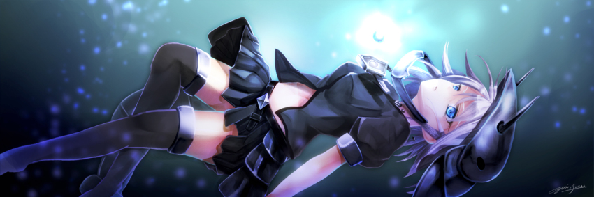 1girl aggron black_shirt black_skirt black_thighhighs blue_eyes fake_horns female_focus gen_3_pokemon helmet horned_helmet horns looking_up midriff nintendo personification pokemon shirt short_hair signature skirt solo thighhighs white_hair yuitsuki1206