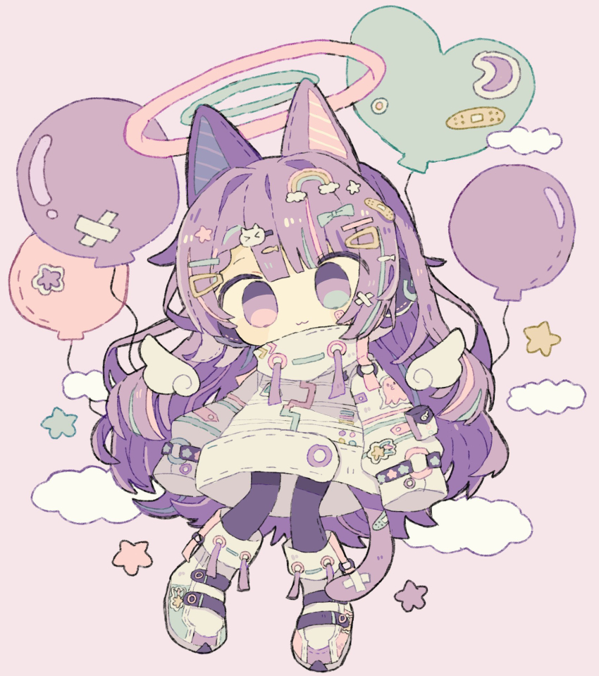 1girl :3 animal_ears balloon bandaid bandaid_hair_ornament bandaid_on_tail bow cat_ears cat_girl cat_tail cloud full_body hair_bow hair_ornament hairpin heart_balloon highres kanamochi_kanato long_hair long_sleeves looking_at_viewer original pastel_colors rainbow_hair_ornament shoes sidelocks simple_background sleeves_past_fingers sleeves_past_wrists smile solo tail white_shoes yume_kawaii