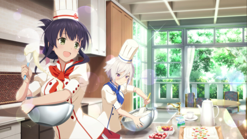 2girls :d batter blue_neckerchief blush bowl chair chef_hat cup day folded_ponytail food fruit game_cg green_eyes grey_hair hat holding holding_bowl indoors itomi_sayaka mixing_bowl multiple_girls neckerchief official_art open_mouth puffy_short_sleeves puffy_sleeves purple_eyes purple_hair red_neckerchief red_skirt shirt short_hair short_sleeves sink skirt slice_of_life smile table teapot toji_no_miko toji_no_miko:_kizamishi_issen_no_tomoshibi v-shaped_eyebrows white_hat white_shirt window yanase_mai