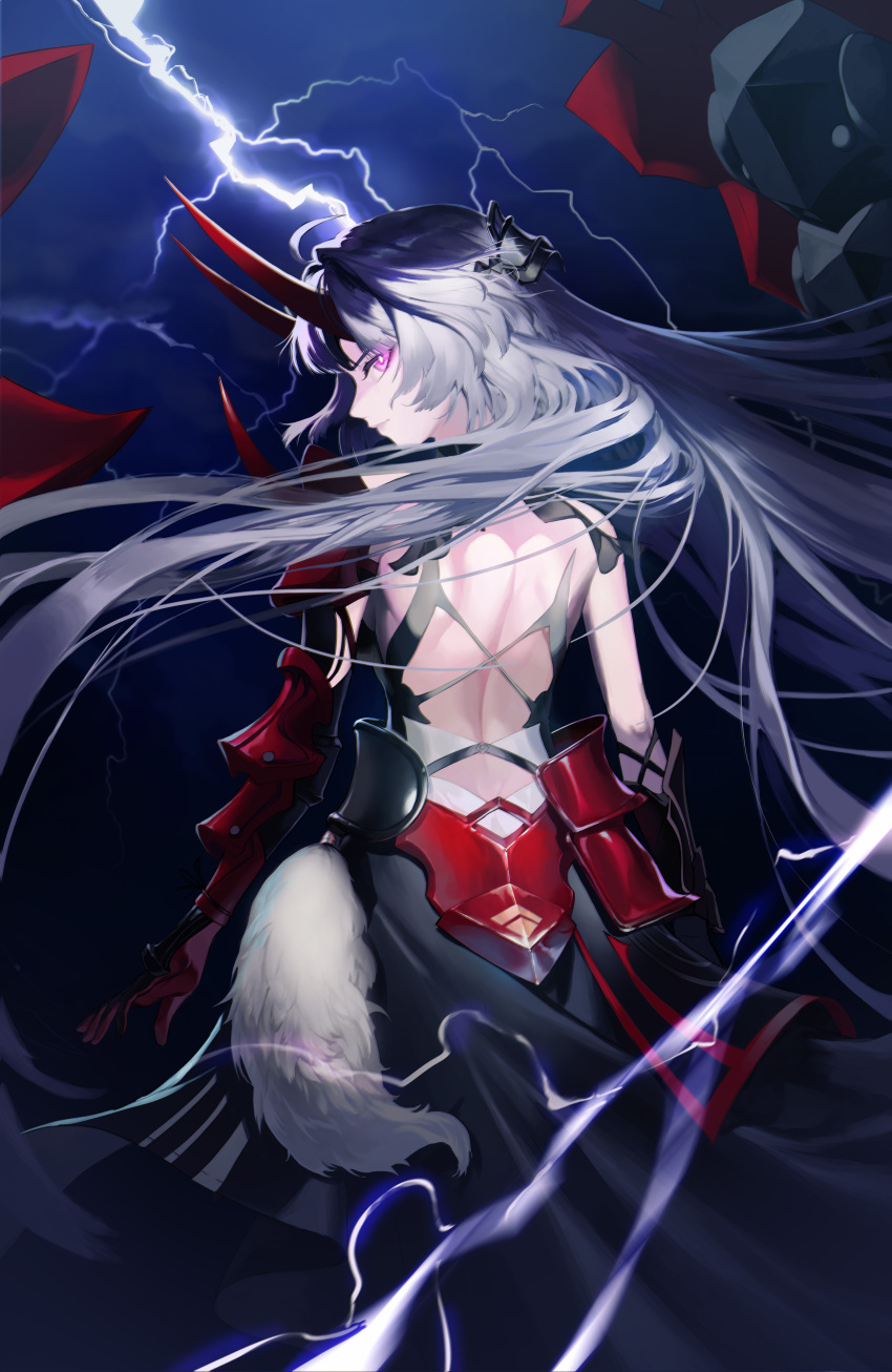 1girl absurdres armor back backless_outfit black_gloves commentary from_behind gloves highres honkai_(series) honkai_impact_3rd horns jy_(mush_cat) lightning long_hair looking_back purple_eyes raiden_mei raiden_mei_(herrscher_of_thunder) red_horns solo very_long_hair