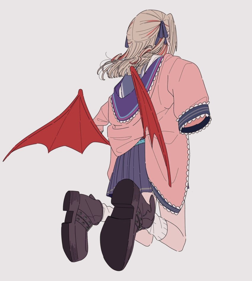 1girl ankle_socks black_shoes blue_sailor_collar blue_skirt brown_hair demon_wings from_behind highres jacket kamatama_rom long_hair makaino_ririmu makaino_ririmu_(4th_costume) multicolored_hair nijisanji pink_hair pink_jacket pleated_skirt sailor_collar school_uniform serafuku shoes simple_background skirt sleeves_past_fingers sleeves_past_wrists socks solo two-tone_hair two_side_up virtual_youtuber white_background white_socks wings